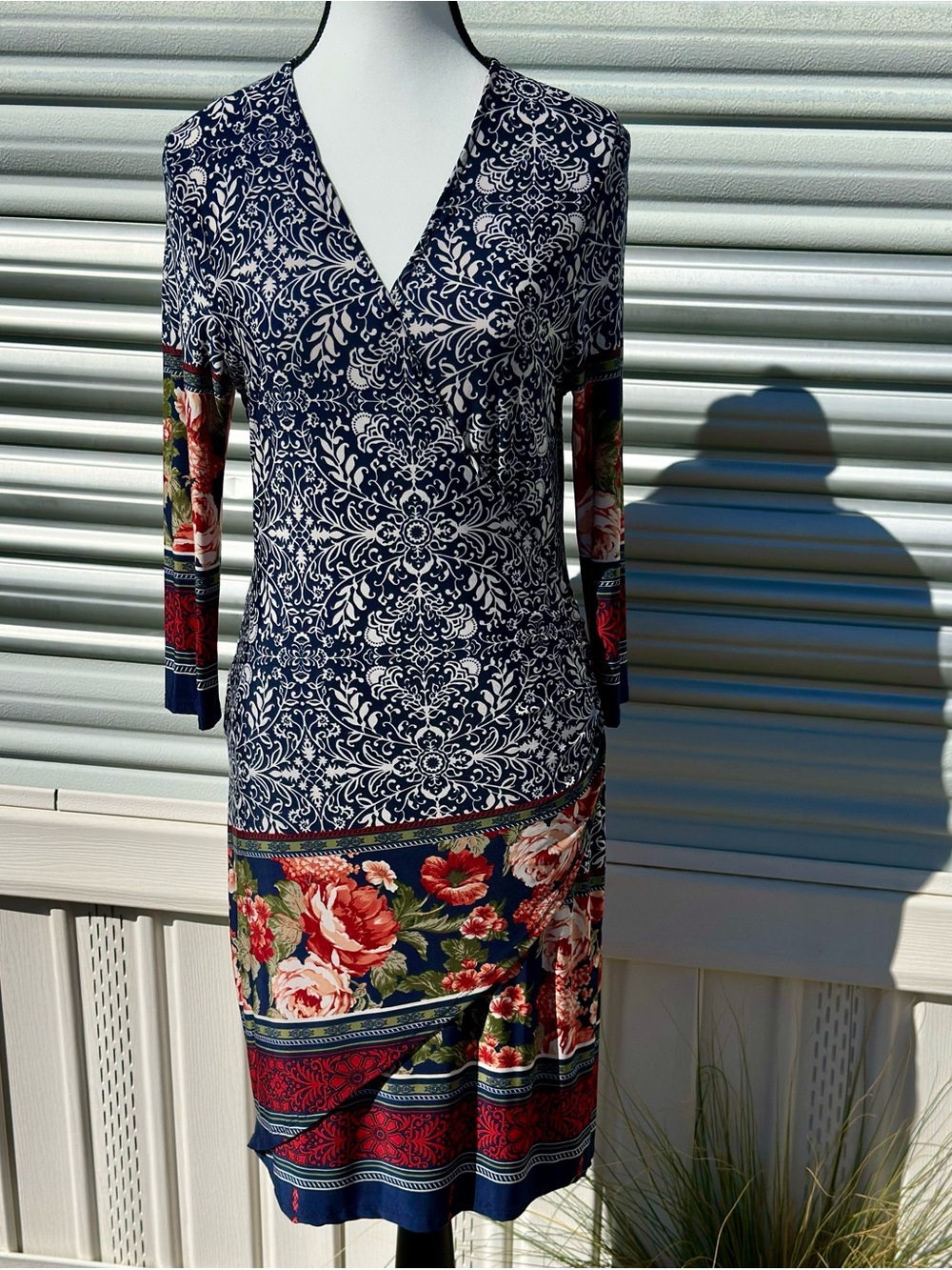Navy Blue Burgundy Wrap Style Floral Mixed Print V-Neck Midi Dress Sz L Romantic